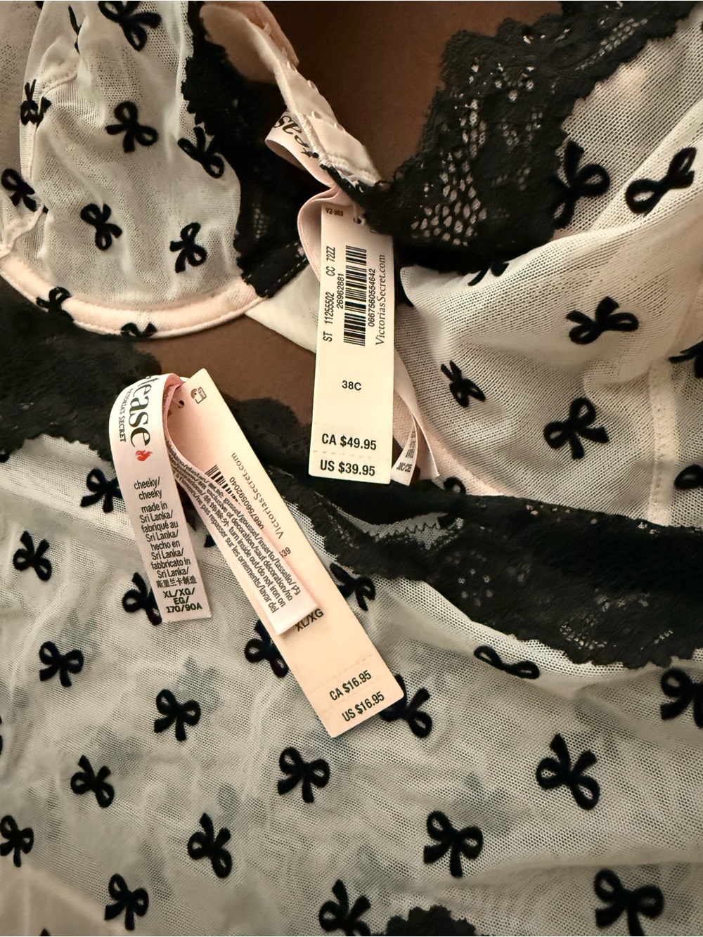 Victoria’s Secret Tease Lace-Trim Bow Print Bra & Brief Set - Light Pink/Black - Picture 2 of 2